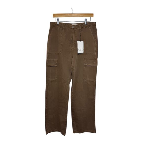 Zara NWT Cargo Pants Women 10 Brown Pockets Wide Leg 90s High Rise RN 77302 - Picture 1 of 7